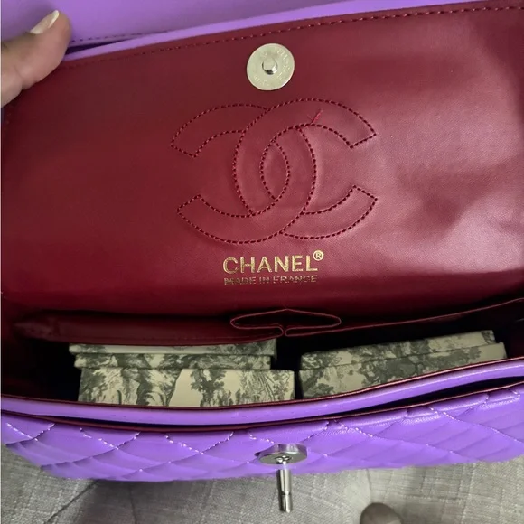 Designed Inspired Purple Lavender Quilted Faux Leather Flap Bag - Picture 4 of 4